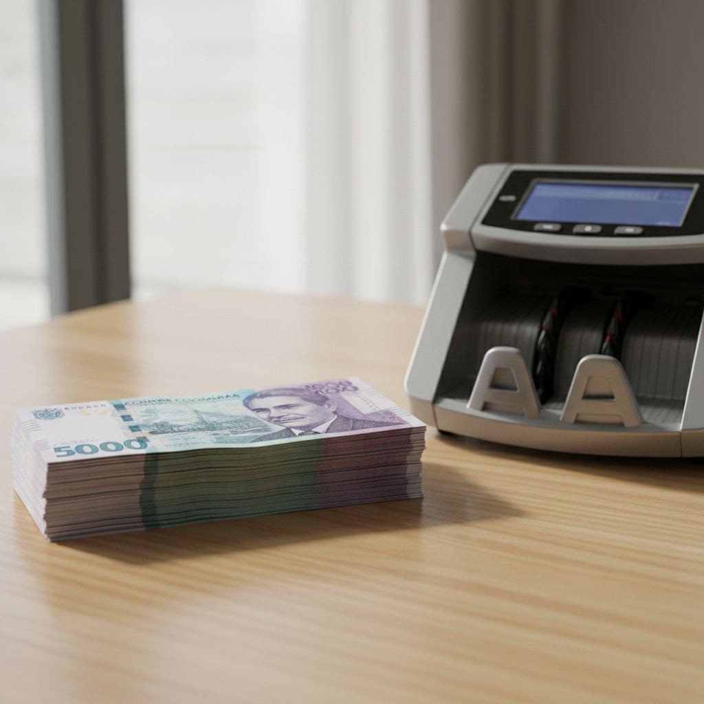 Clean stacks of Colombian peso bills on a desk