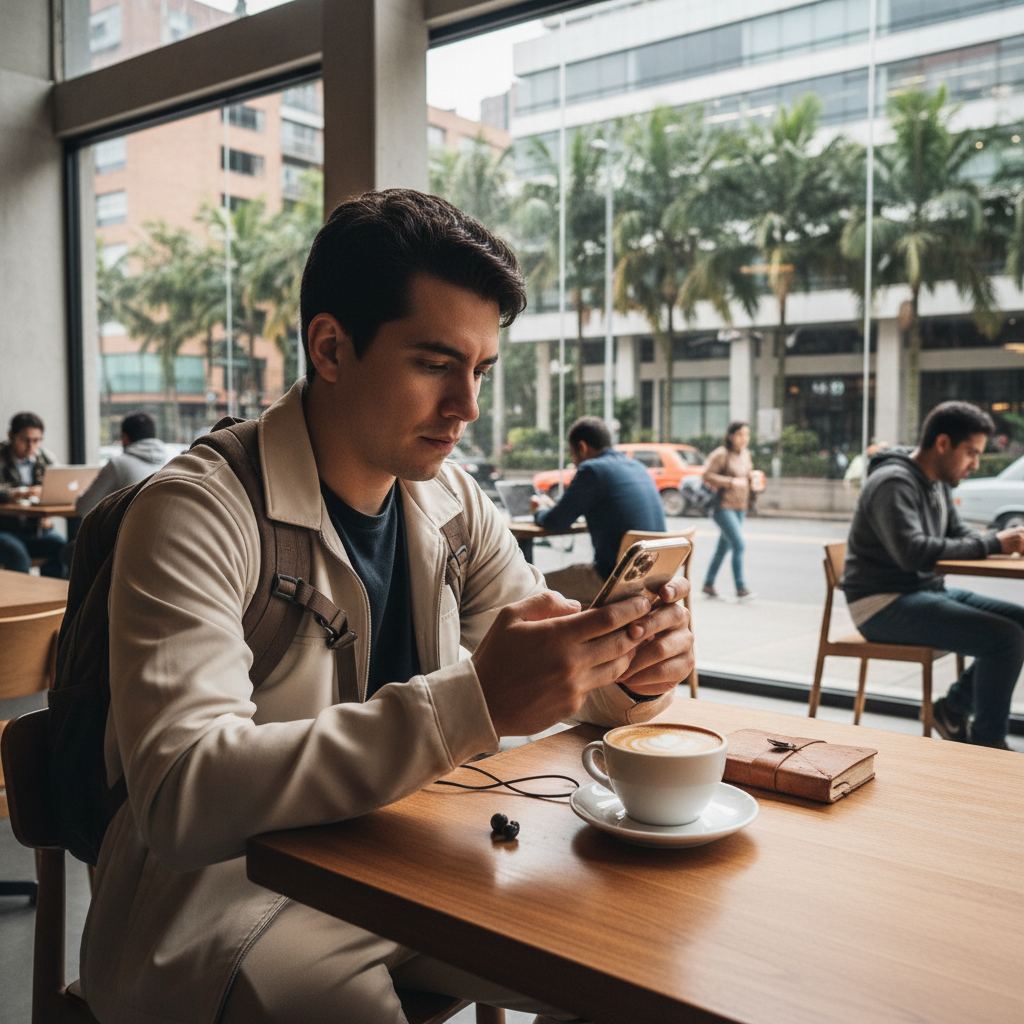 Customer ordering cash delivery on a mobile phone in a Colombian cafe