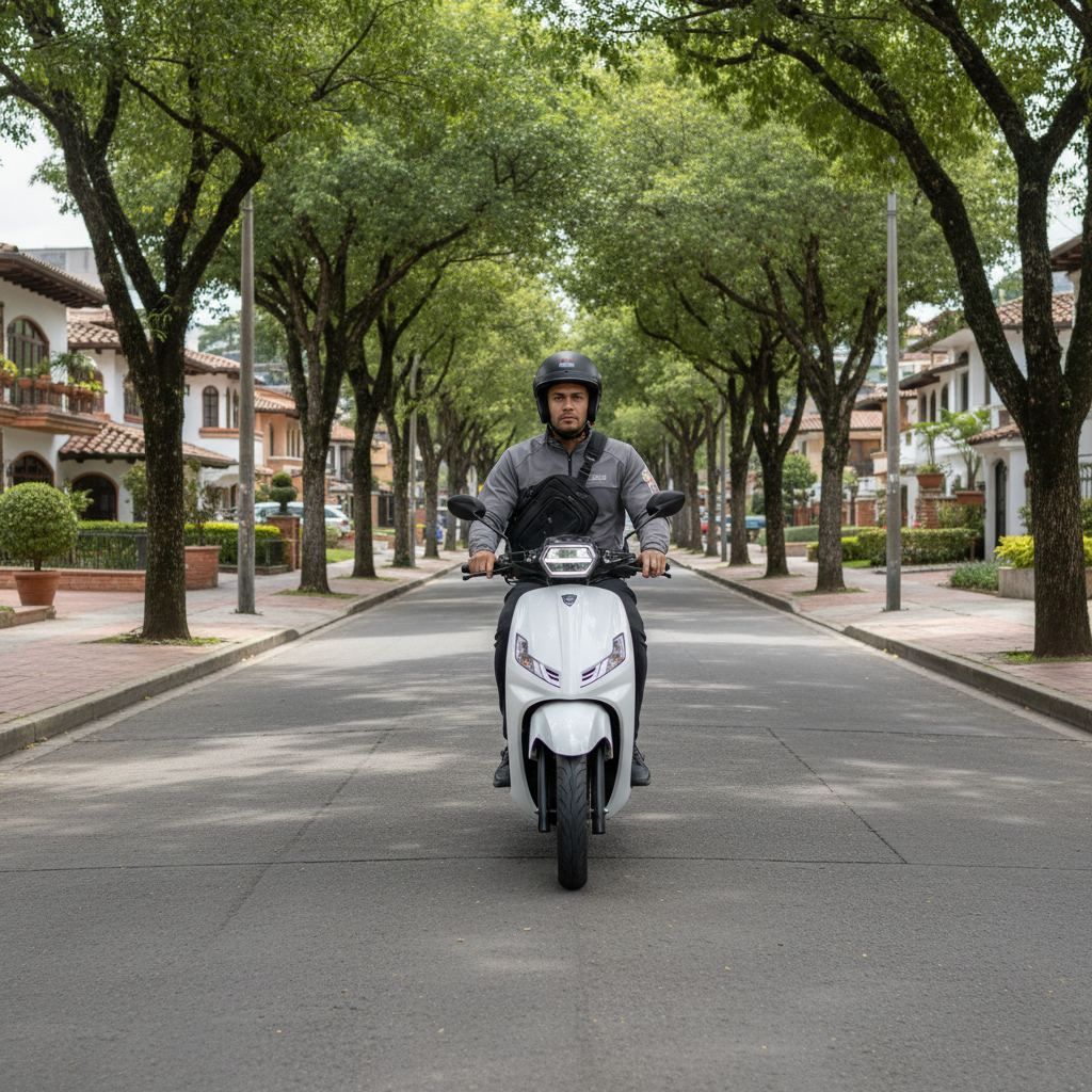 Cash delivery courier riding through a neighborhood in Colombia