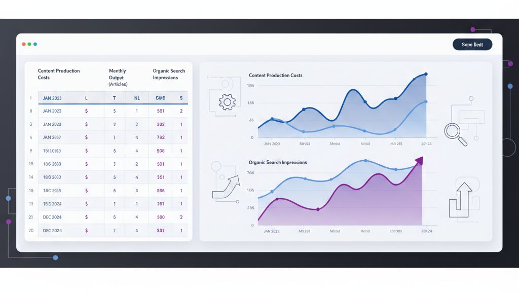 Organic traffic growth metrics and content production cost analysis chart